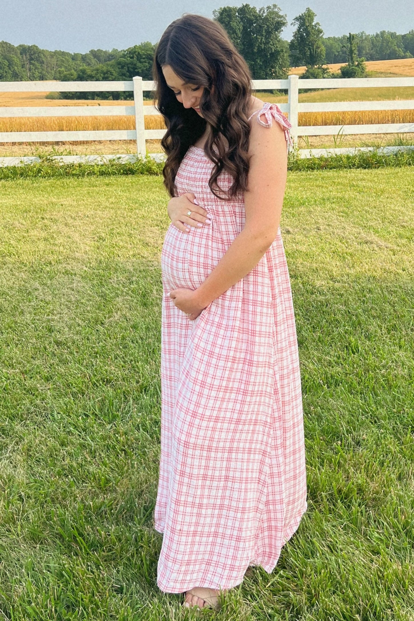 Pink Plaid Smocked Shoulder Tie Maternity Maxi Dress