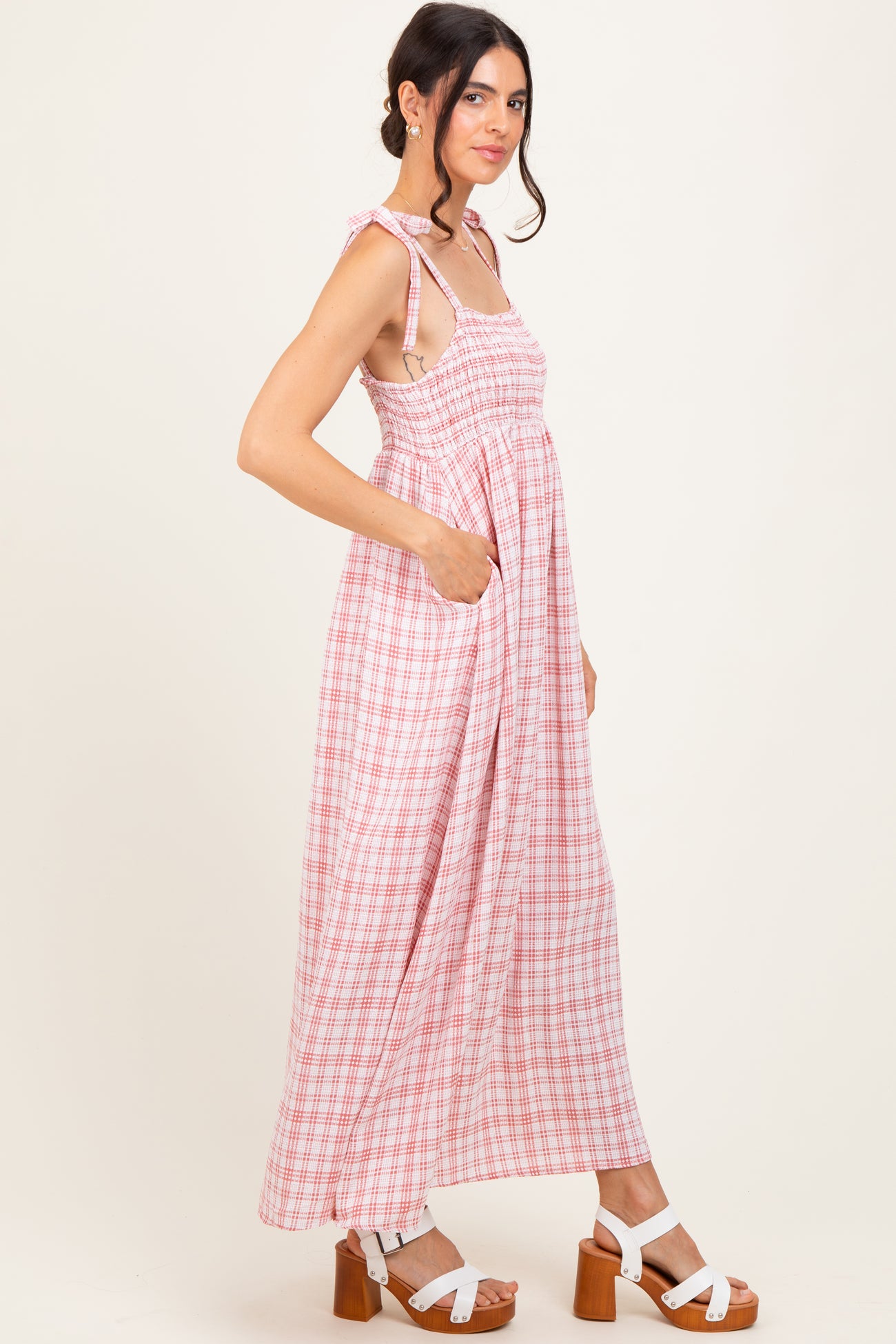 Pink Plaid Smocked Shoulder Tie Maxi Dress