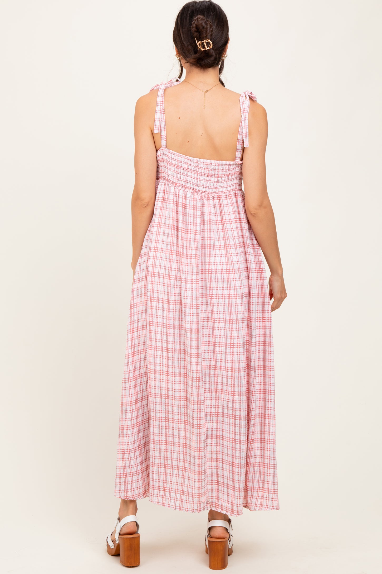 Pink Plaid Smocked Shoulder Tie Maxi Dress