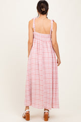 Pink Plaid Smocked Shoulder Tie Maxi Dress
