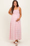Pink Plaid Smocked Shoulder Tie Maternity Maxi Dress