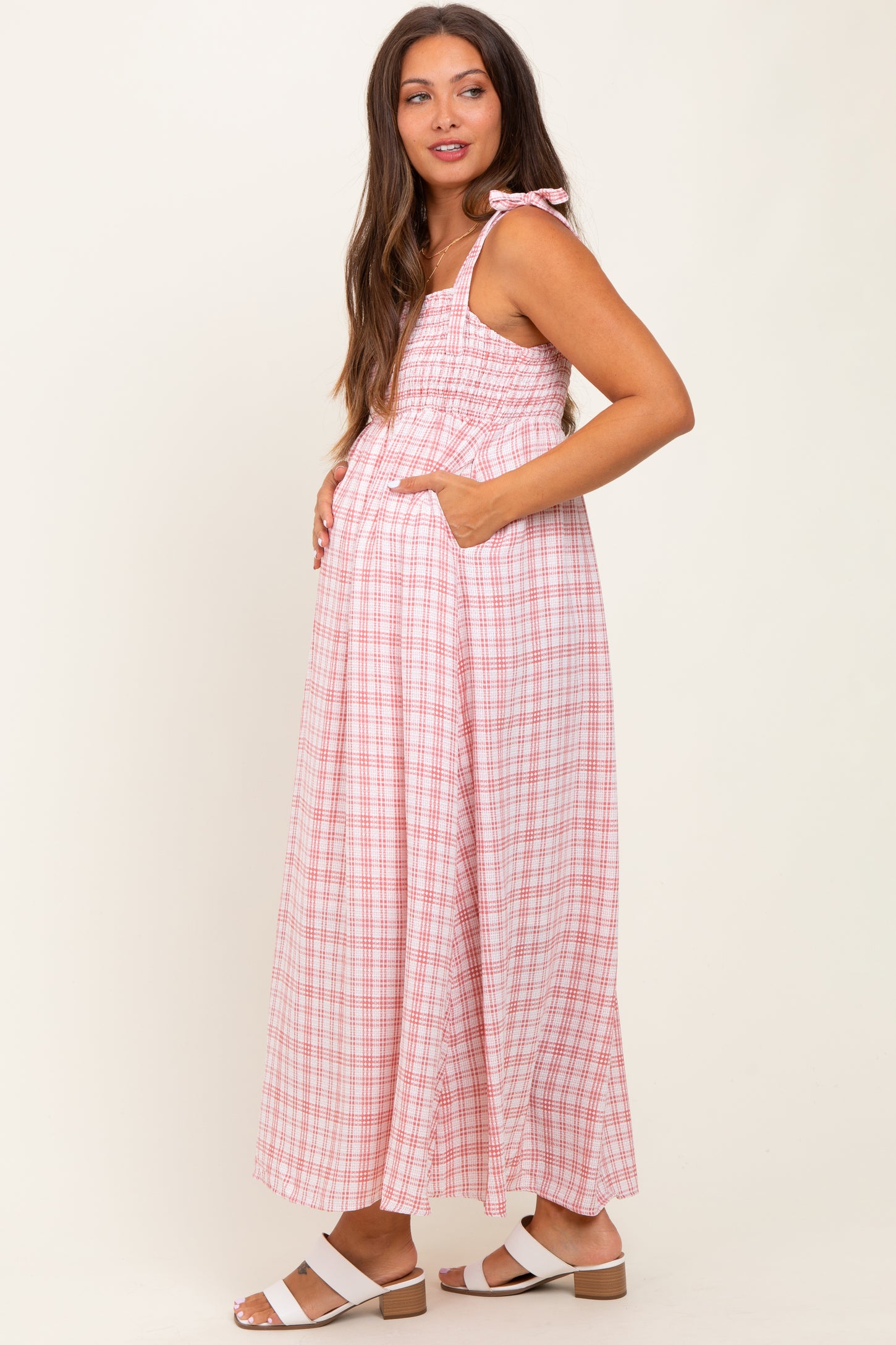 Pink Plaid Smocked Shoulder Tie Maternity Maxi Dress