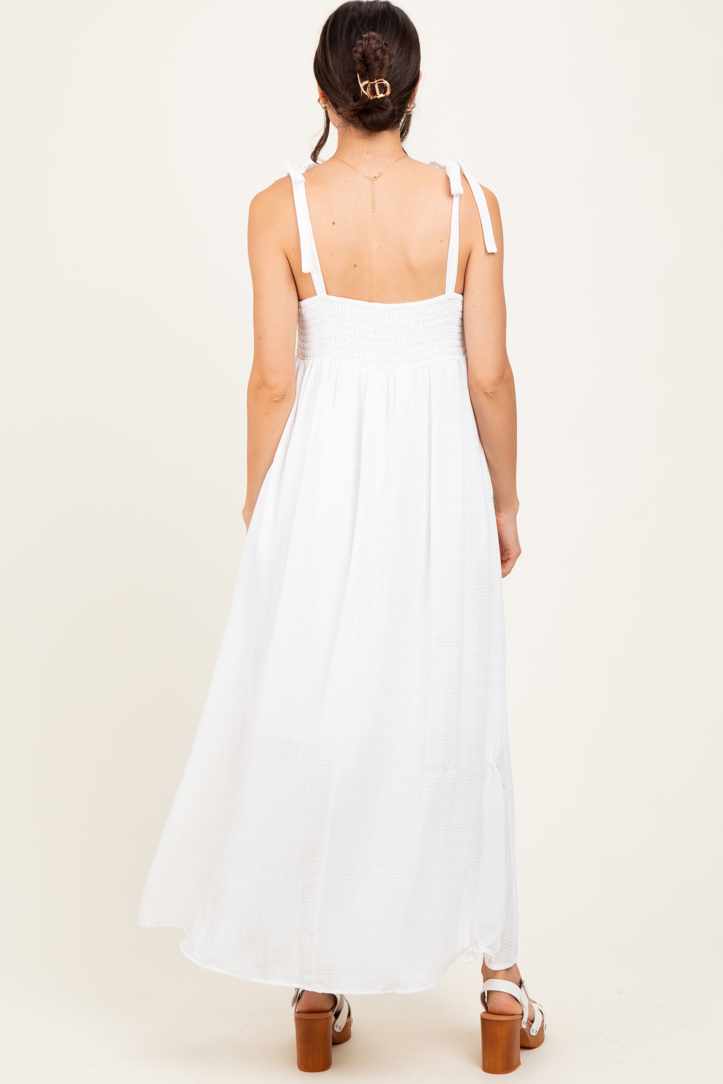 White Plaid Smocked Shoulder Tie Maxi Dress