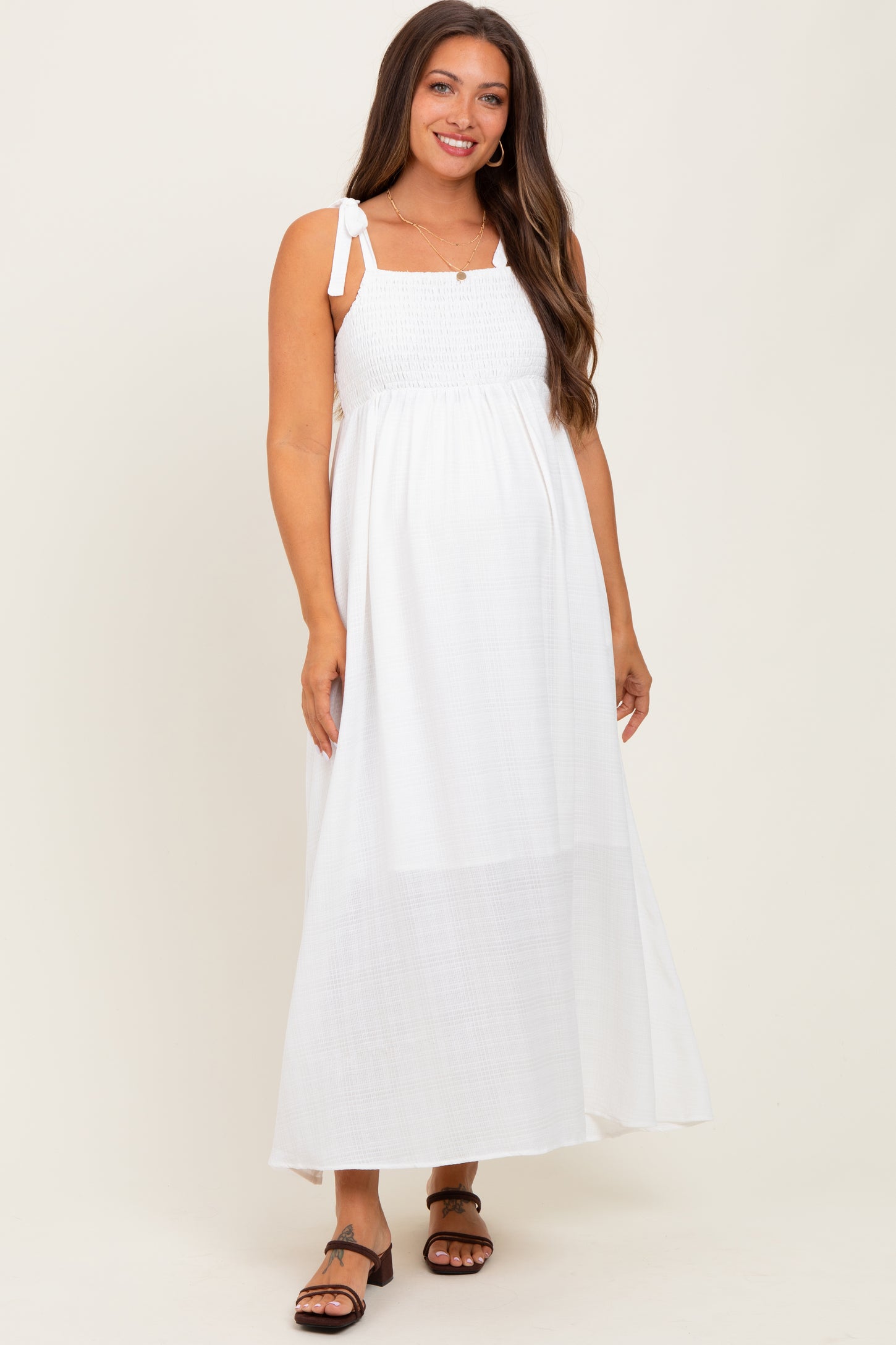 White Plaid Smocked Shoulder Tie Maternity Maxi Dress