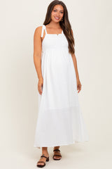 White Plaid Smocked Shoulder Tie Maternity Maxi Dress