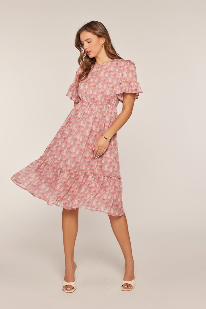 Pink Floral Ruffle Accent Midi Dress