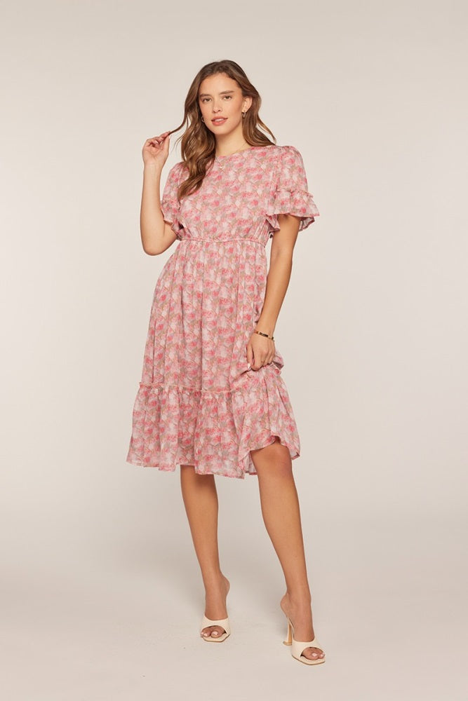 Pink Floral Ruffle Accent Midi Dress