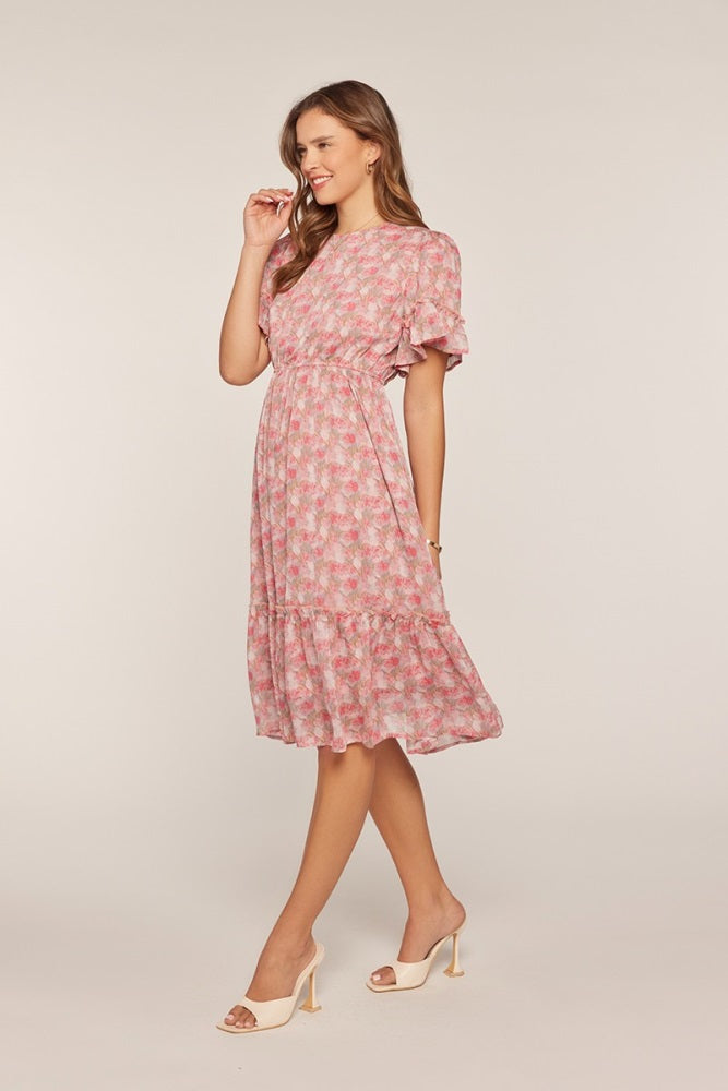 Pink Floral Ruffle Accent Midi Dress