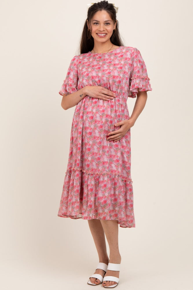 Pink Floral Ruffle Accent Maternity Midi Dress