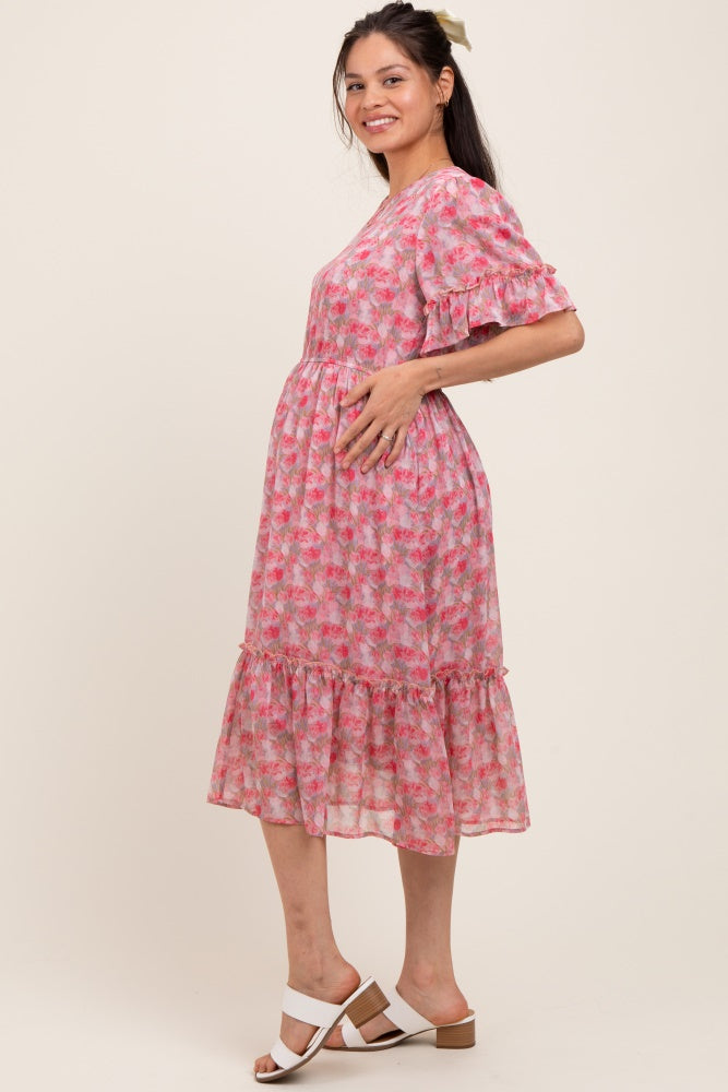 Pink Floral Ruffle Accent Maternity Midi Dress