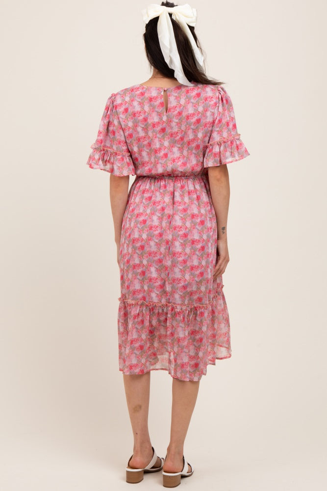 Pink Floral Ruffle Accent Maternity Midi Dress