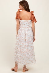 Rust Floral Smocked Shoulder Tie Ruffled Midi Dress