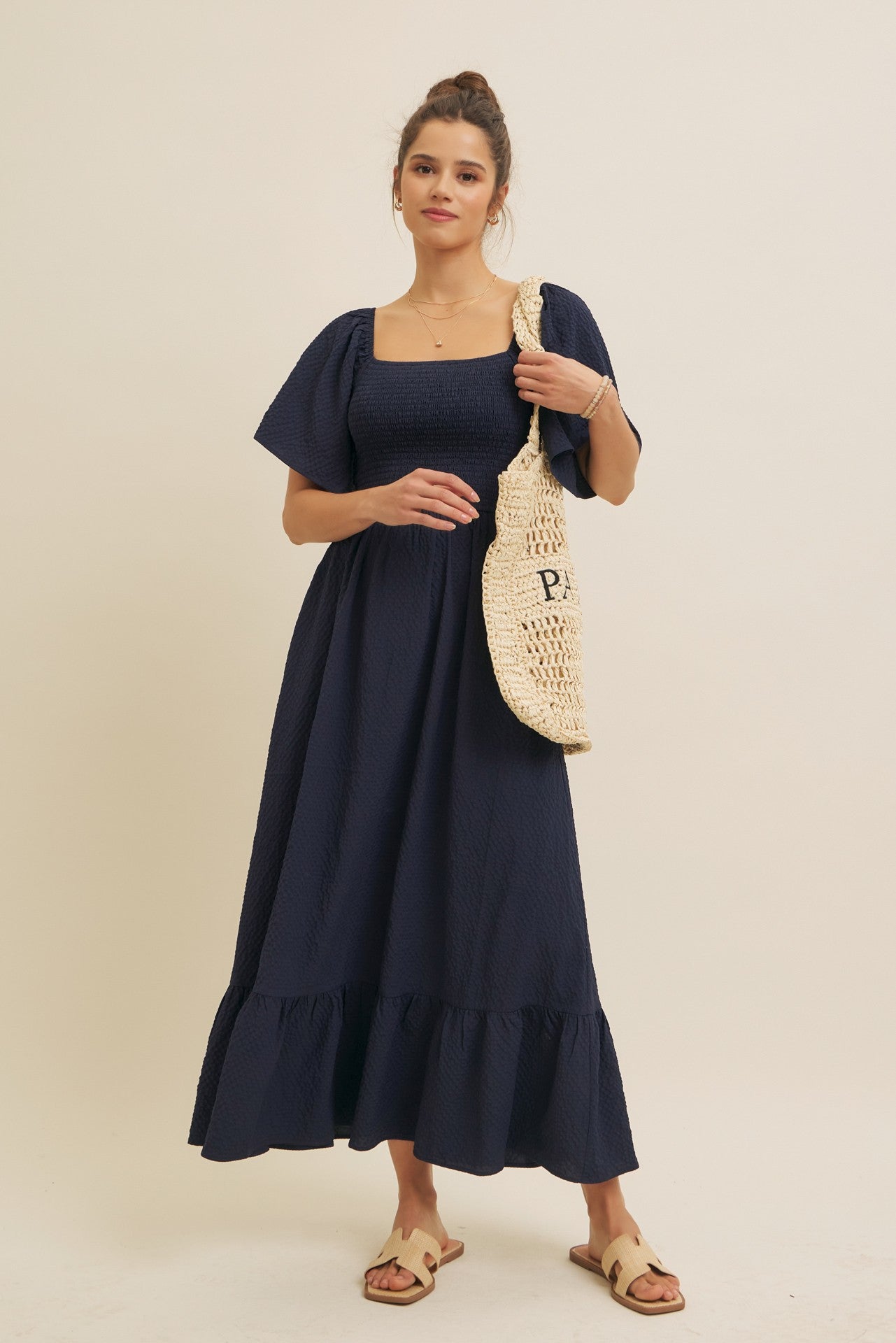 Navy Convertible Stretchy Smocked Maxi Dress