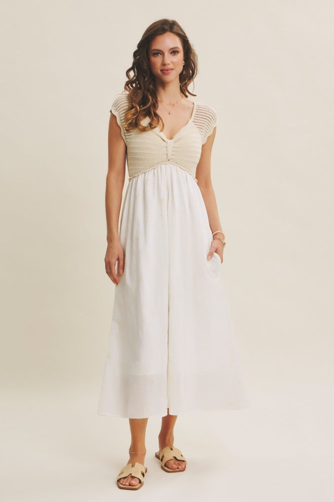 Ivory Crochet Sweater Floral Embroidery Midi Dress