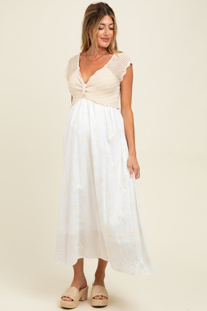 Ivory Crochet Sweater Floral Embroidery Maternity Midi Dress