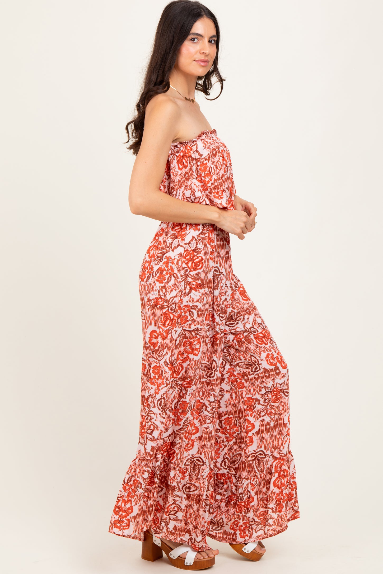 Rust Floral Strapless Ruffle Wide Leg Jumpsuit