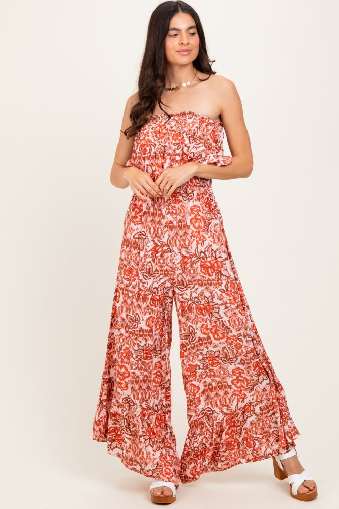 Rust Floral Strapless Ruffle Wide Leg Maternity Jumpsuit