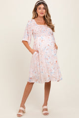 Peach Floral Smocked Maternity Midi Dress