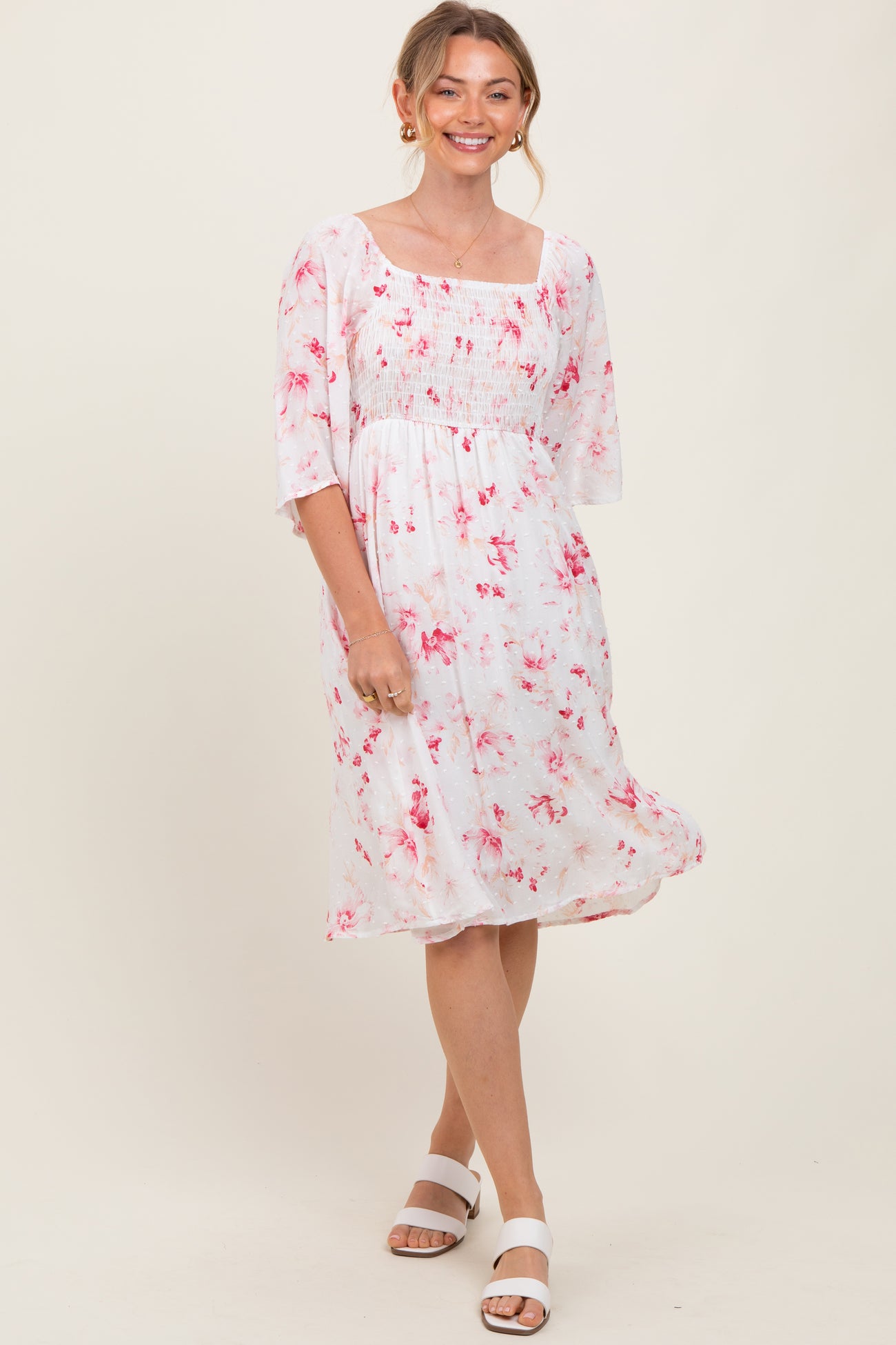 Pink Floral Smocked Maternity Midi Dress
