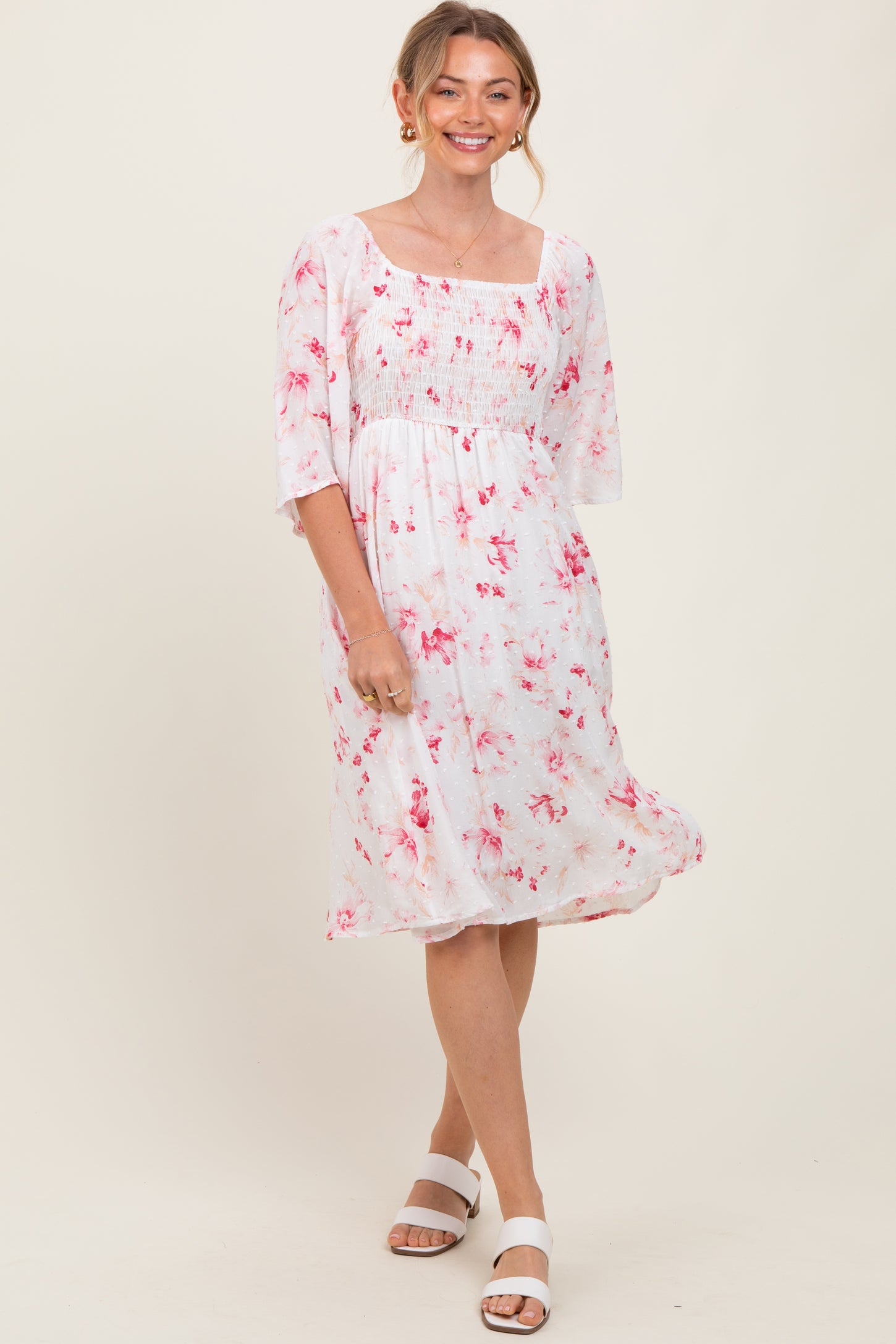 Pink Floral Smocked Maternity Midi Dress