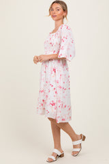 Pink Floral Smocked Midi Dress