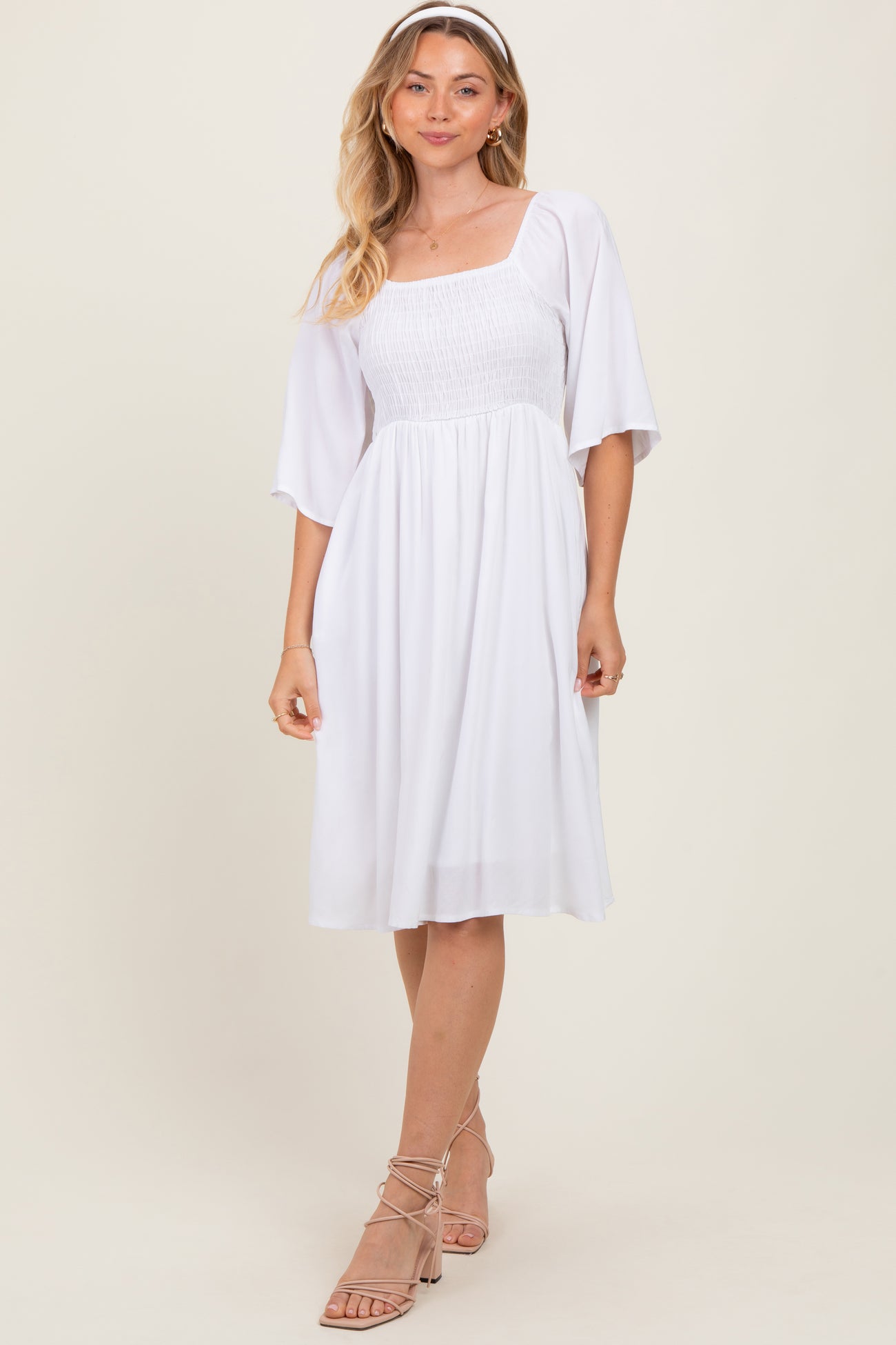 White Smocked Maternity Midi Dress
