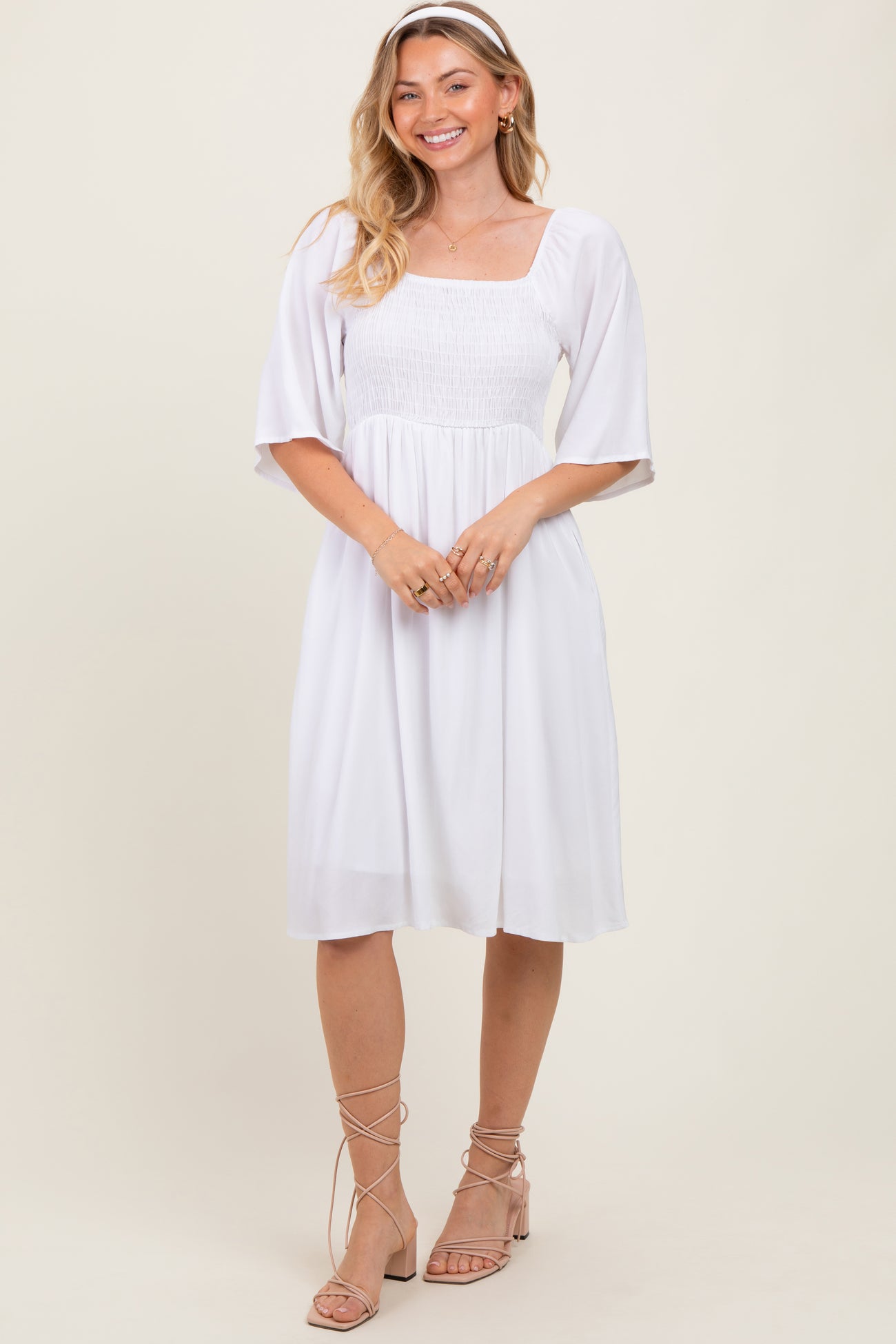 White Smocked Midi Dress