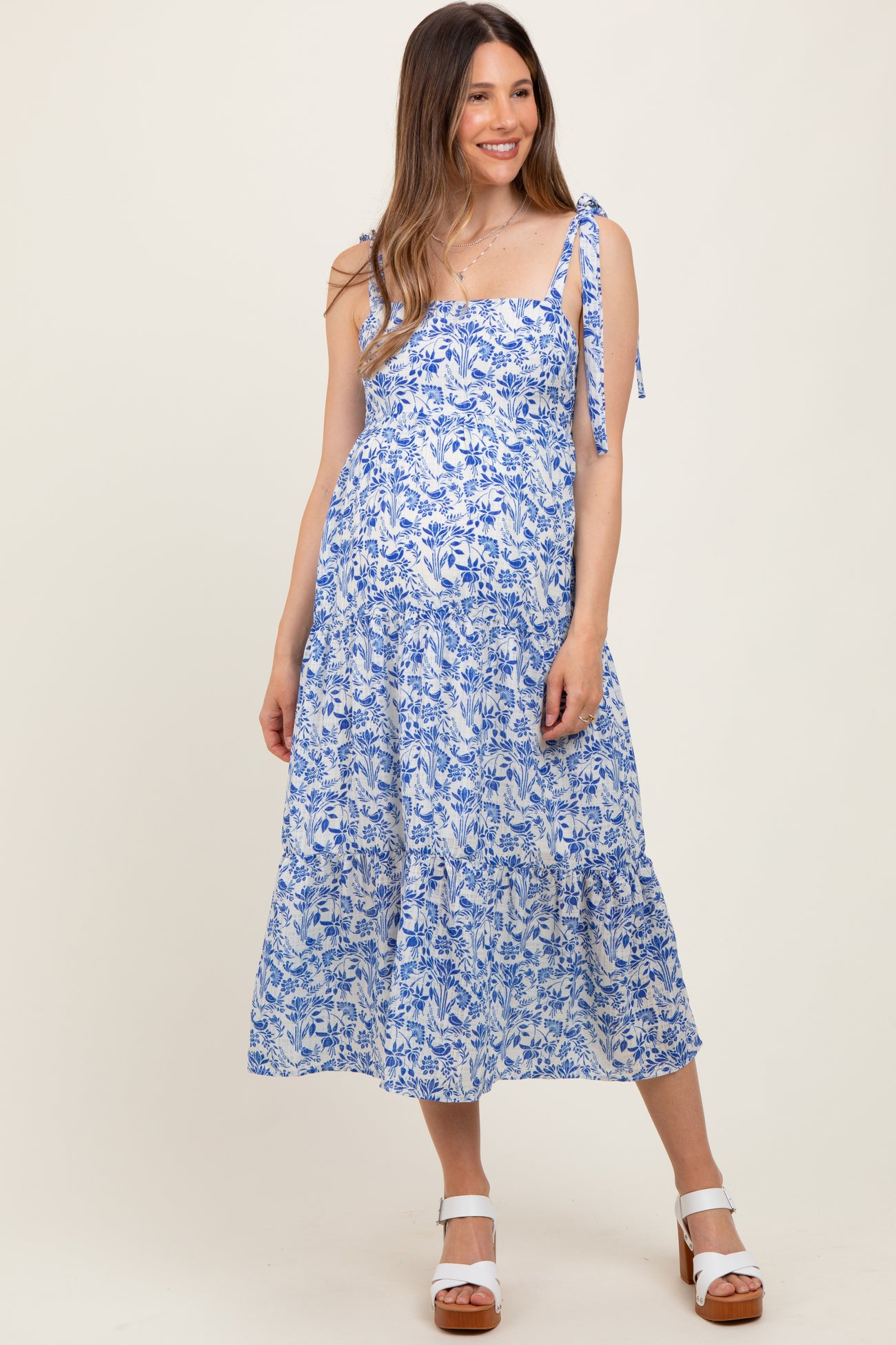 Blue Multi Floral Tie Strap Maternity Maxi Dress