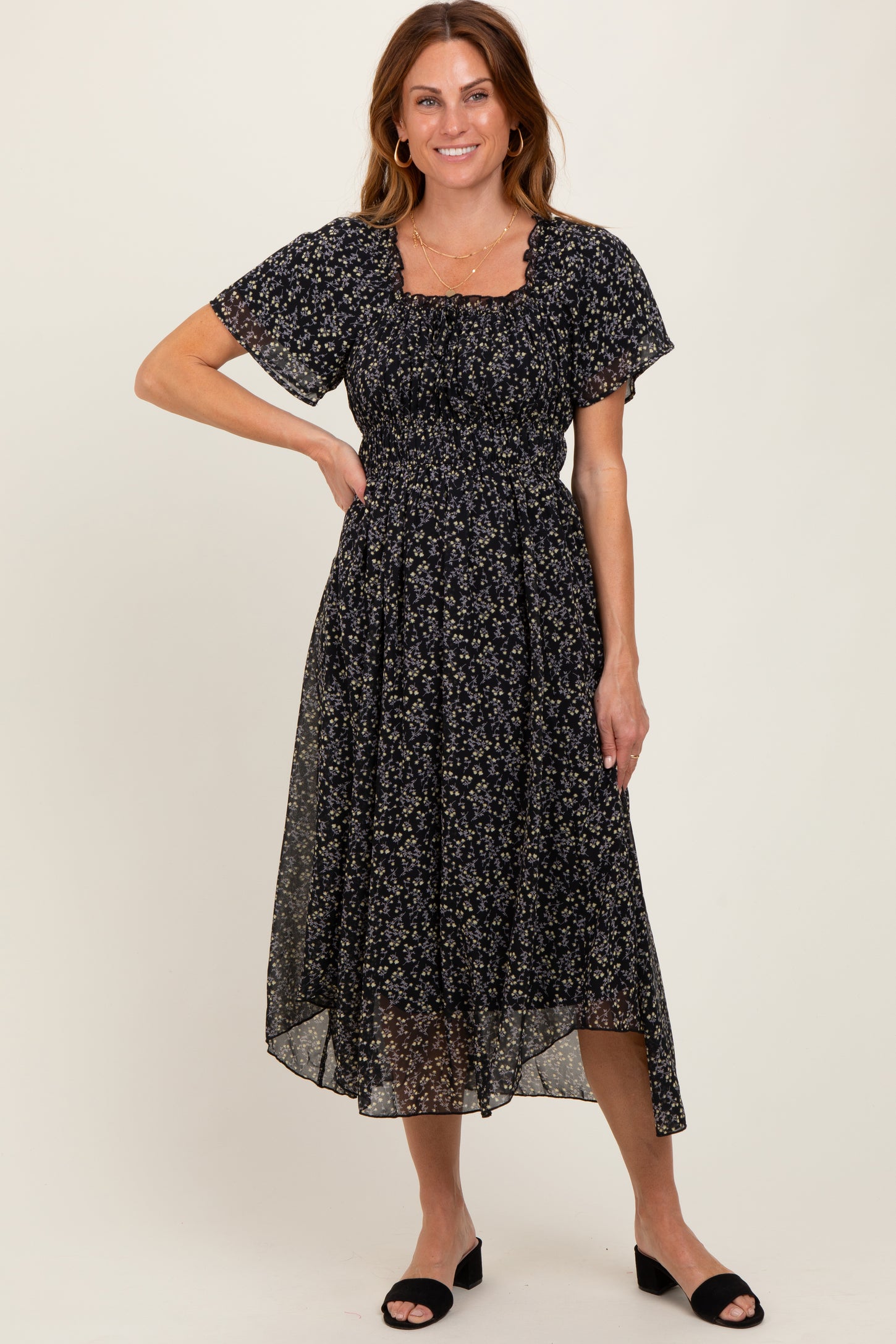Black Floral Square Neck Front Tie Midi Dress