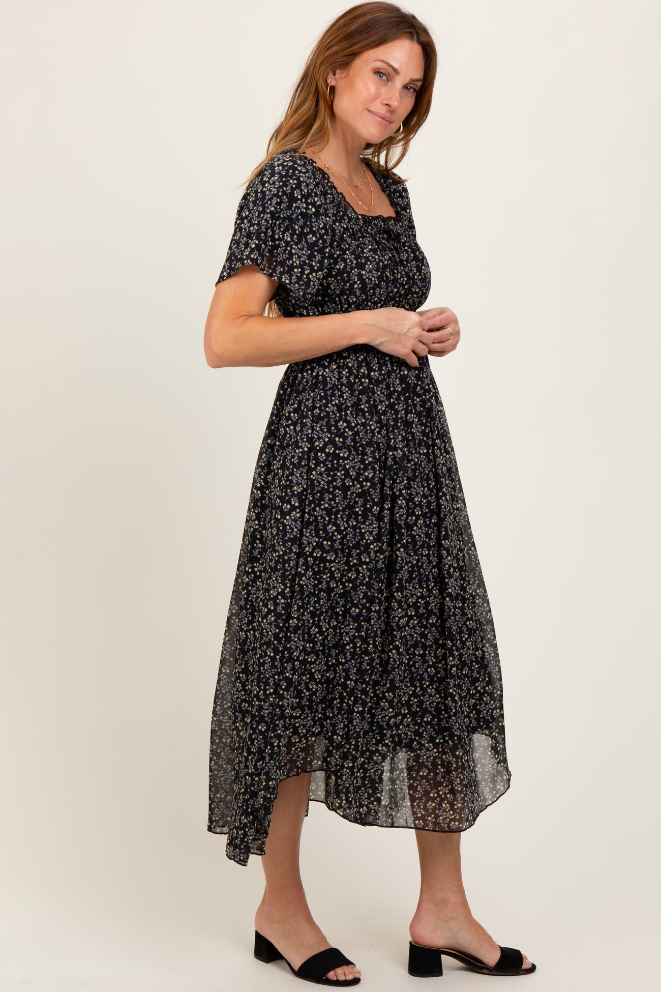 Black Floral Square Neck Front Tie Midi Dress