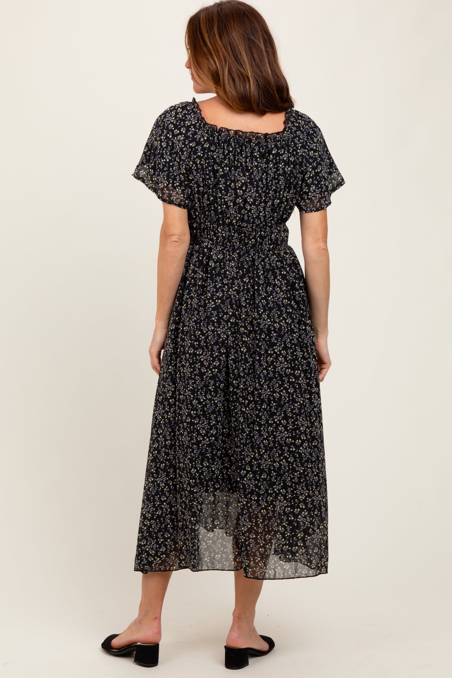 Black Floral Square Neck Front Tie Midi Dress