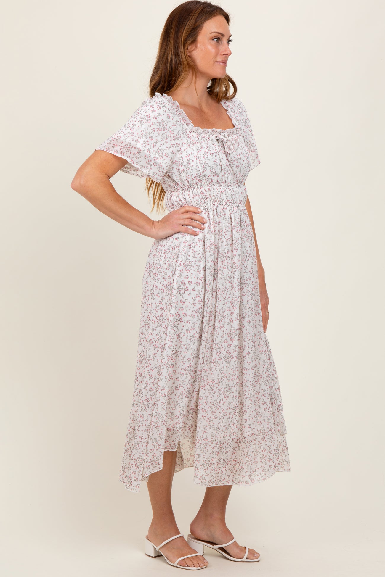 Ivory Floral Square Neck Front Tie Midi Dress