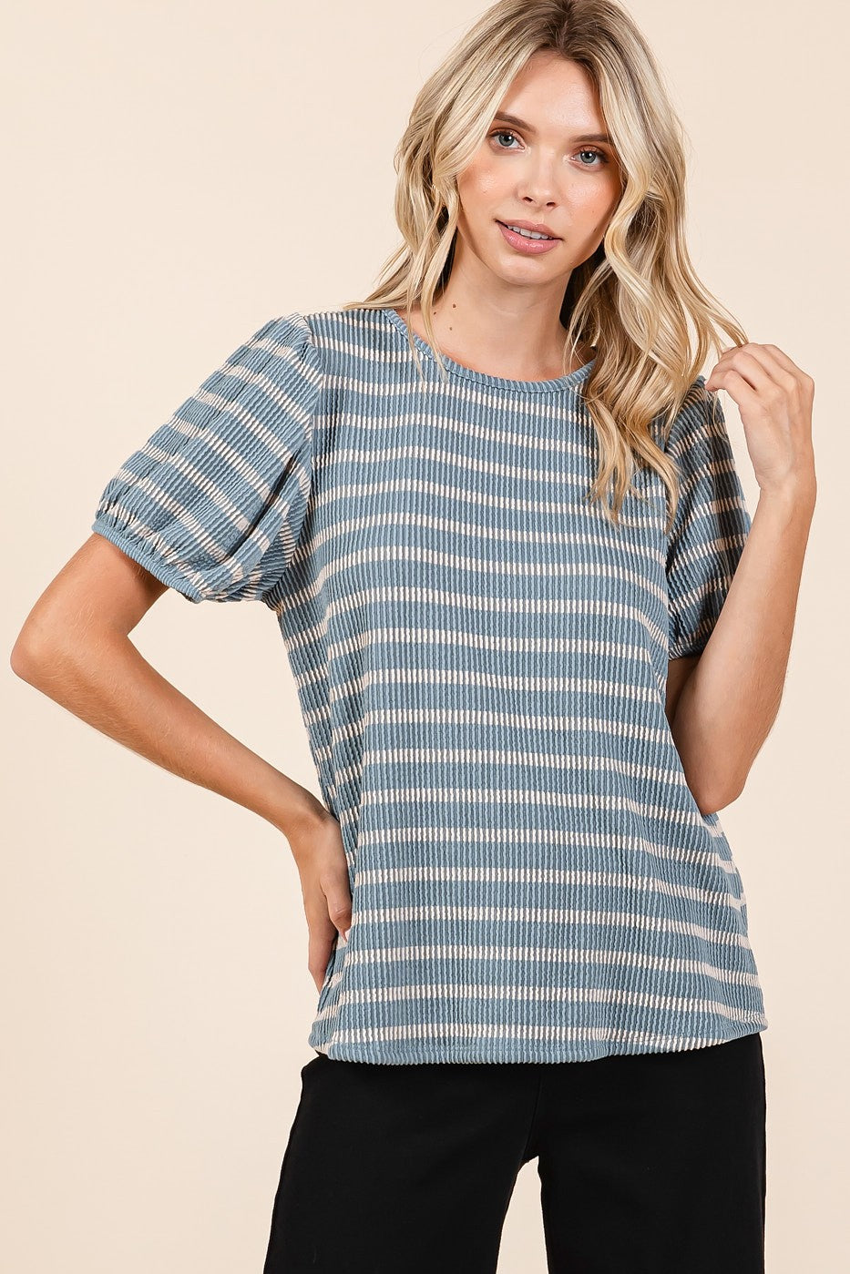 Blue Textured Knit Striped Puff Sleeve Maternity Top
