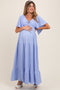 Light Blue Woven Textured Flutter Sleeve V-Neck Tiered Maternity Maxi Dress