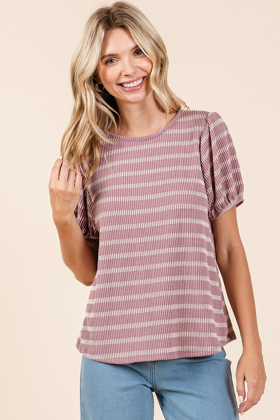 Pink Textured Knit Striped Puff Sleeve Maternity Top