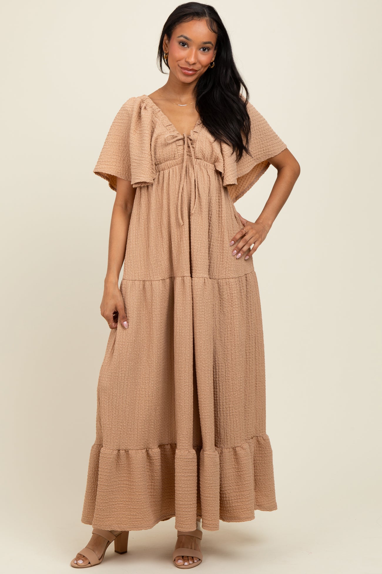 Taupe Woven Textured Flutter Sleeve V-Neck Tiered Maternity Maxi Dress