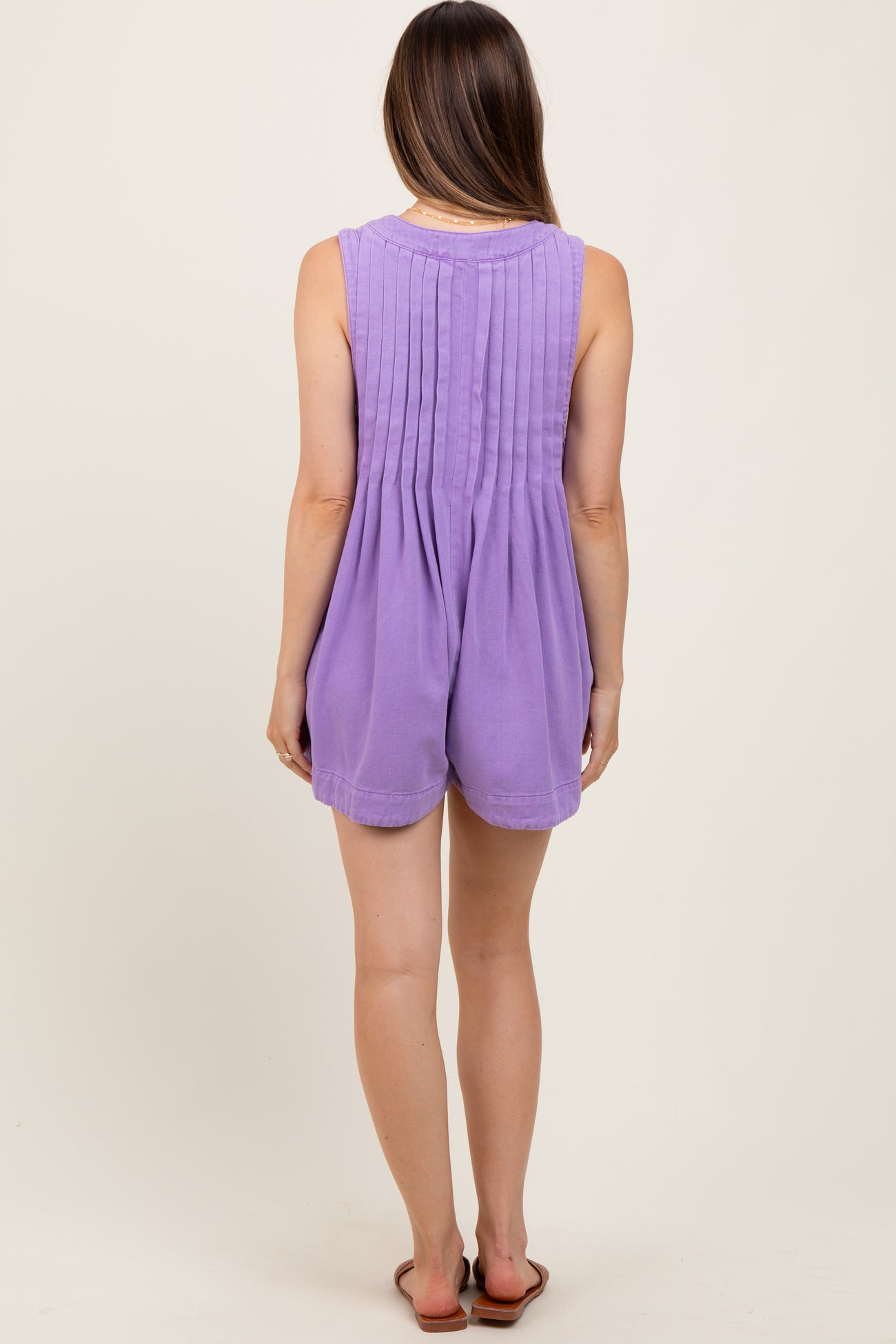 Lavender Deep V-Neck Pleated Front Tie Sleeveless Maternity Romper