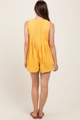 Yellow Deep V-Neck Pleated Front Tie Sleeveless Maternity Romper