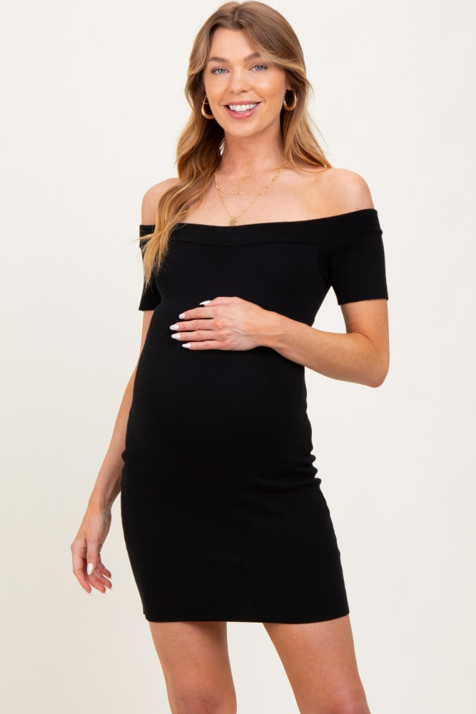 Black Off Shoulder Knit Maternity Mini Dress