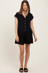 Black Jacquard Plaid Button-Down Maternity Romper