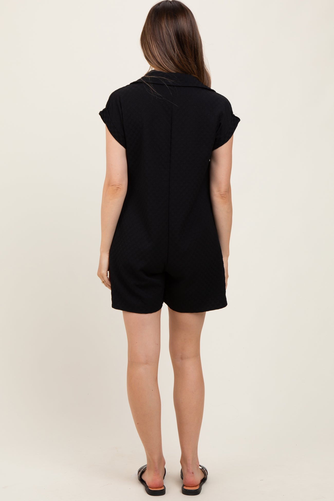 Black Jacquard Plaid Button-Down Maternity Romper