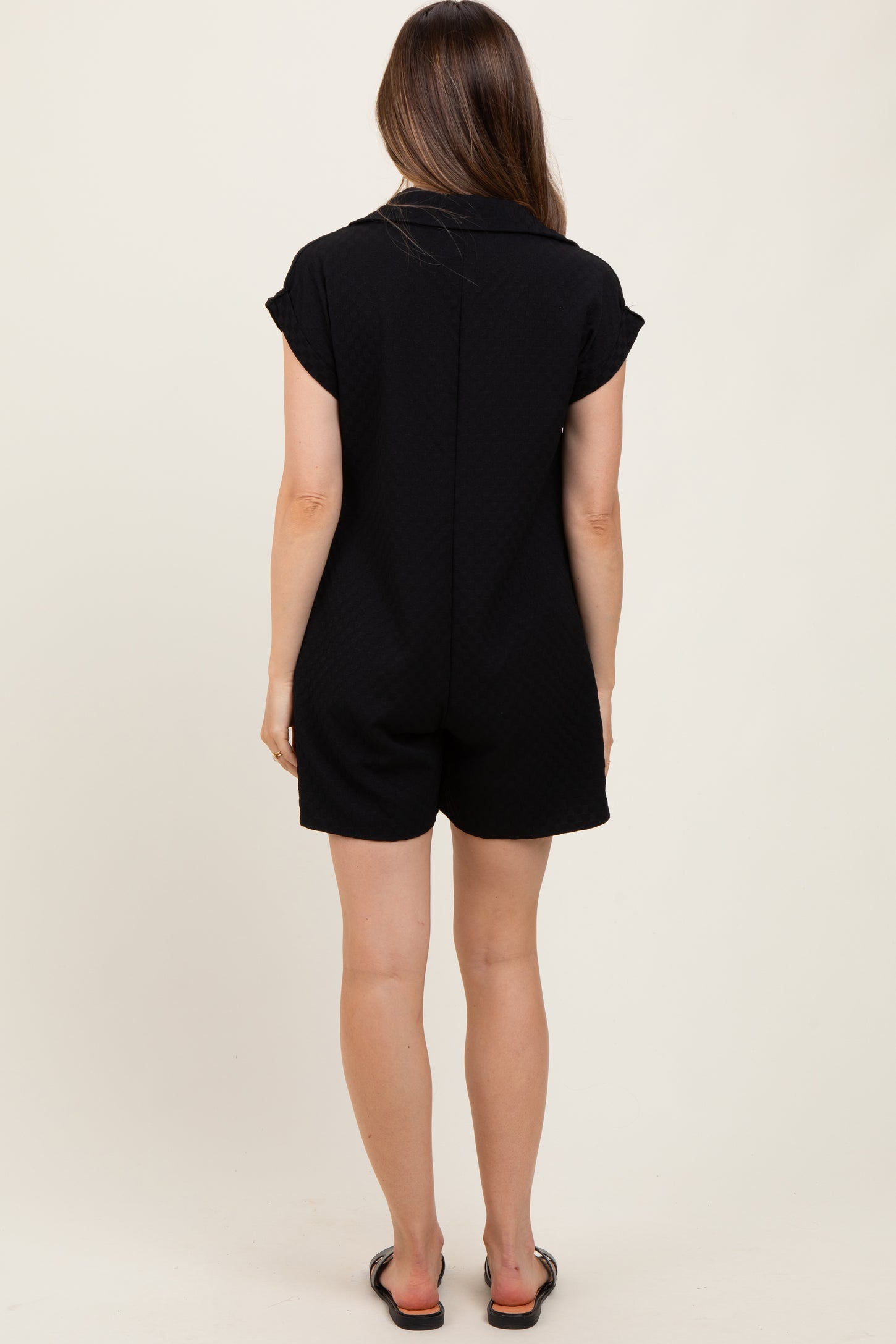 Black Jacquard Plaid Button-Down Maternity Romper