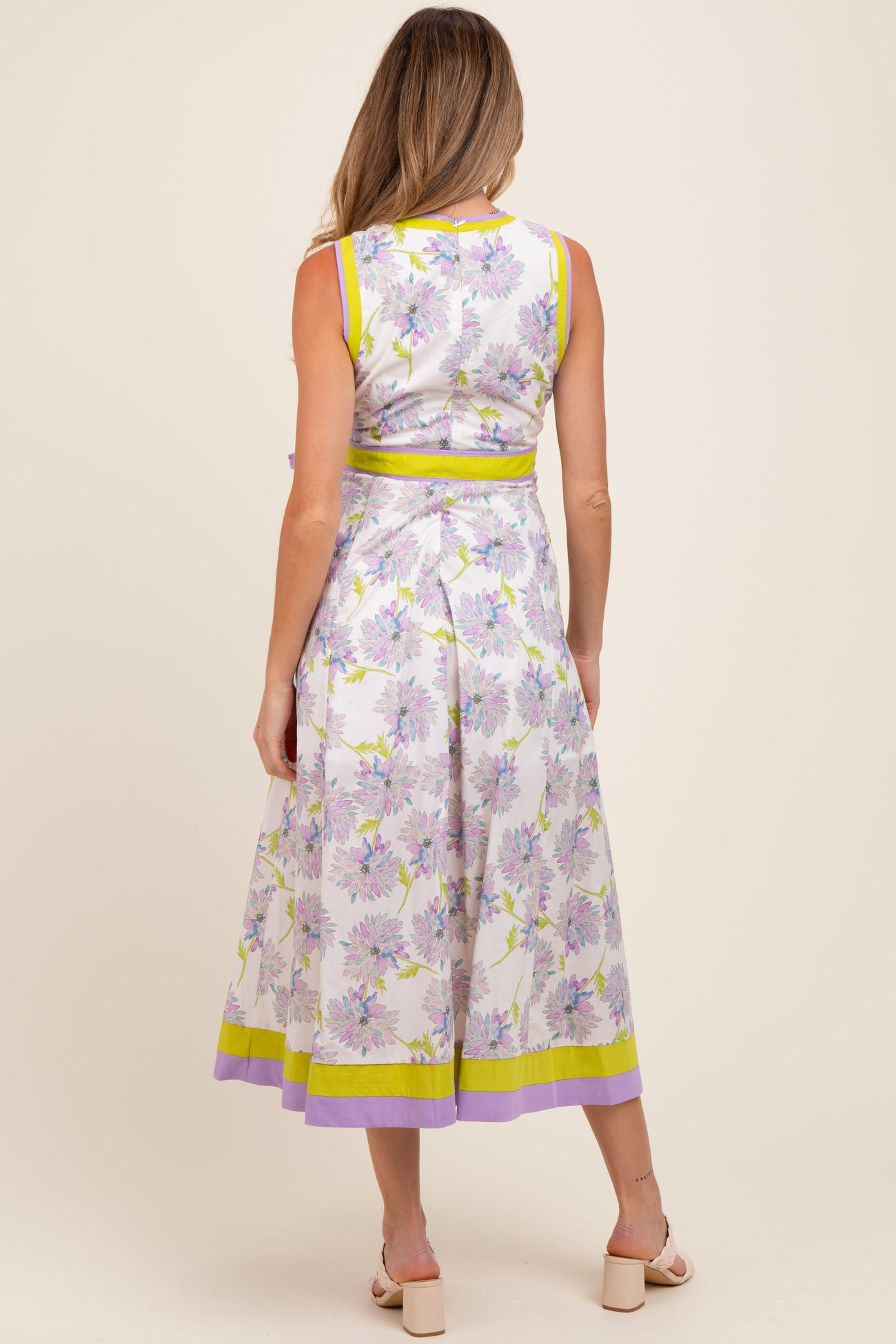 Lavender Floral Sleeveless Sash Tie Maternity Midi Dress
