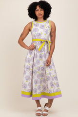 Lavender Floral Sleeveless Sash Tie Maternity Midi Dress