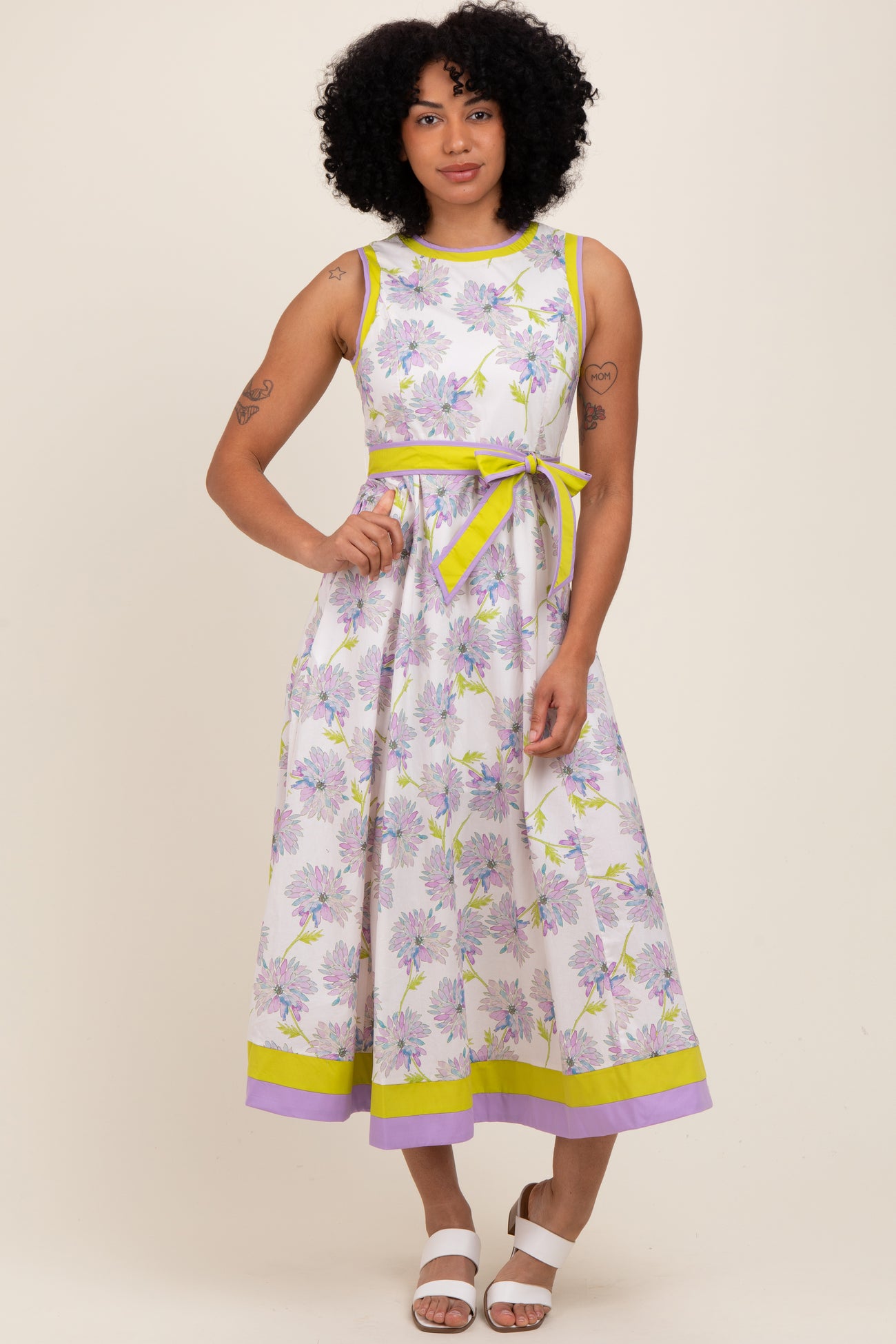 Lavender Floral Sleeveless Sash Tie Midi Dress