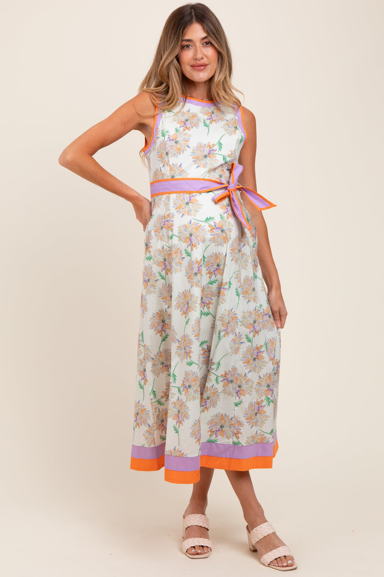 Orange Floral Sleeveless Sash Tie Maternity Midi Dress