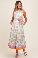 Orange Floral Sleeveless Sash Tie Maternity Midi Dress