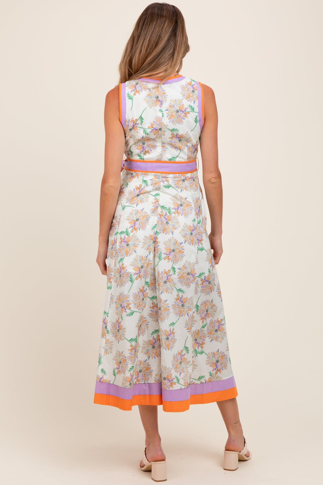 Orange Floral Sleeveless Sash Tie Maternity Midi Dress
