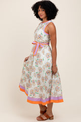 Orange Floral Sleeveless Sash Tie Midi Dress