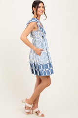 Blue Damask Ruffle Sleeve Mini Dress